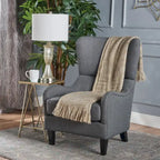 Charcoal High-Back Wingback Accent Chair with Scooped Arms & Birch Wood Legs – 1 Person