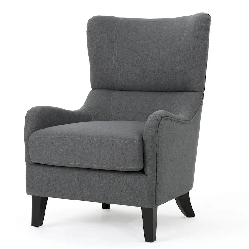 Charcoal High-Back Wingback Accent Chair with Scooped Arms & Birch Wood Legs – 1 Person