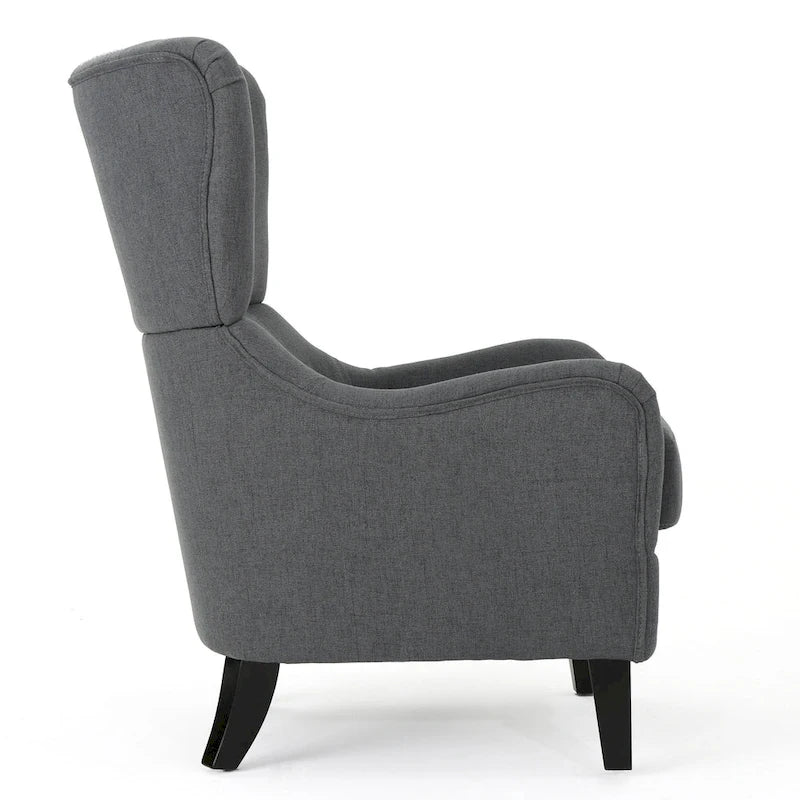 Charcoal High-Back Wingback Accent Chair with Scooped Arms & Birch Wood Legs – 1 Person