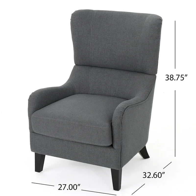 Charcoal High-Back Wingback Accent Chair with Scooped Arms & Birch Wood Legs – 1 Person