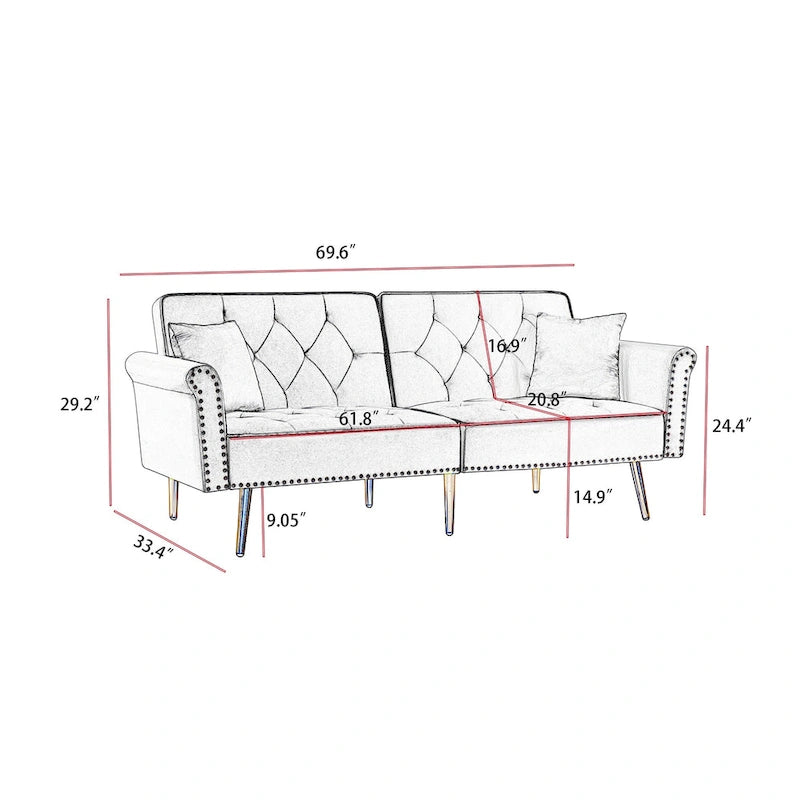 Velvet Tufted Sofa Couch with 2 Pillows and Nailhead Trim