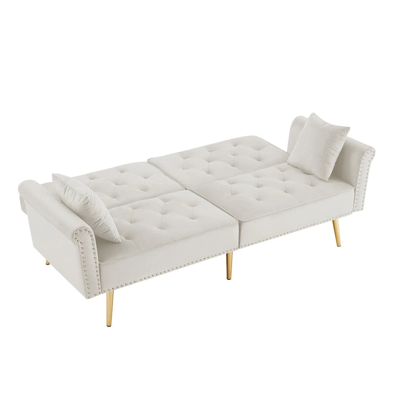 Light Grey / Black / Beige Velvet Tufted Sofa with Nailhead Trim & 2 Pillows – 3 Person