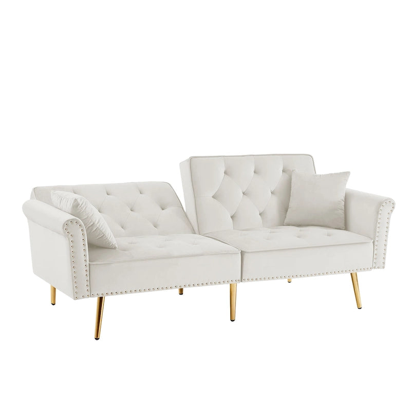 Light Grey / Black / Beige Velvet Tufted Sofa with Nailhead Trim & 2 Pillows – 3 Person