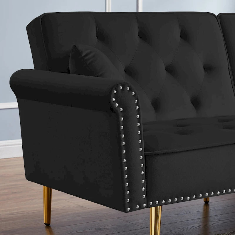 Light Grey / Black / Beige Velvet Tufted Sofa with Nailhead Trim & 2 Pillows – 3 Person
