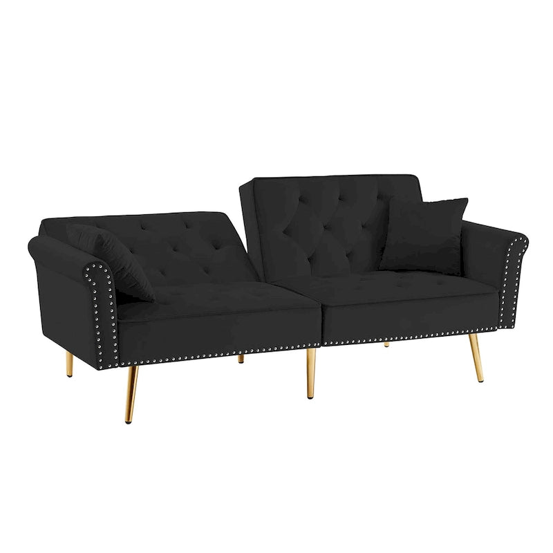 Light Grey / Black / Beige Velvet Tufted Sofa with Nailhead Trim & 2 Pillows – 3 Person
