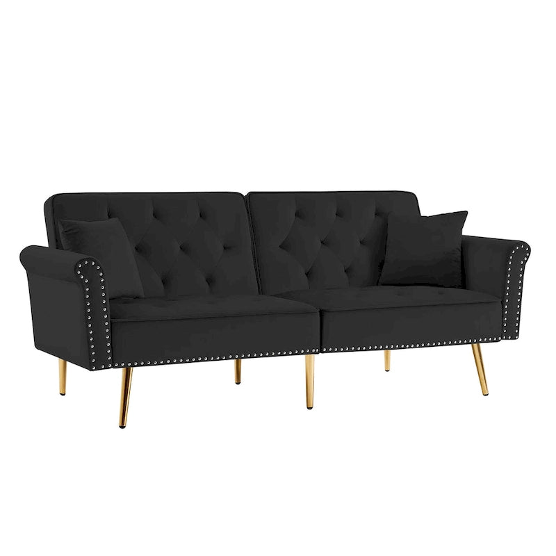 Light Grey / Black / Beige Velvet Tufted Sofa with Nailhead Trim & 2 Pillows – 3 Person