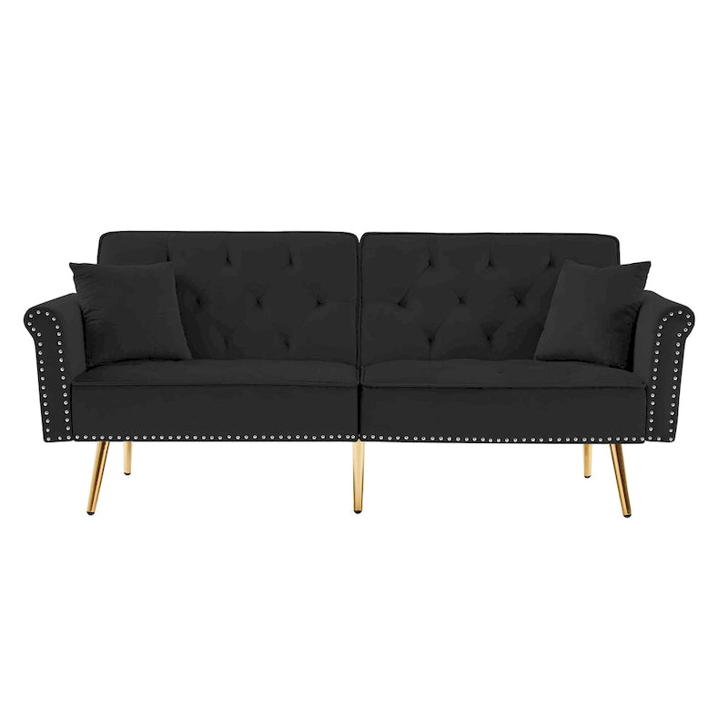 Light Grey / Black / Beige Velvet Tufted Sofa with Nailhead Trim & 2 Pillows – 3 Person