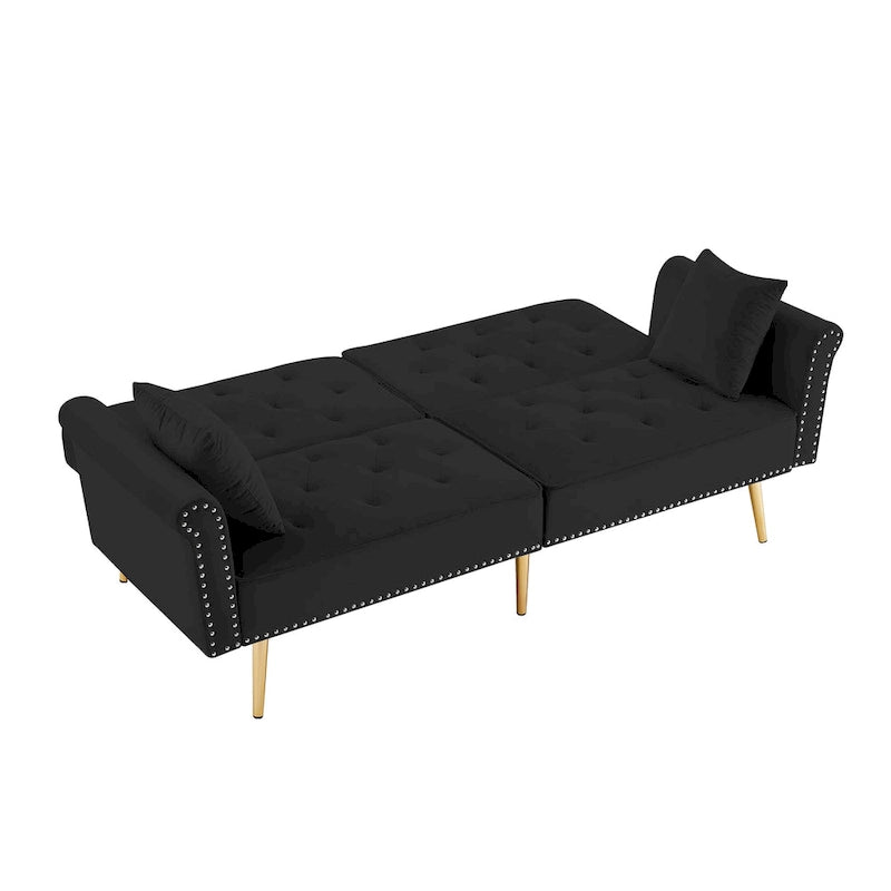 Light Grey / Black / Beige Velvet Tufted Sofa with Nailhead Trim & 2 Pillows – 3 Person