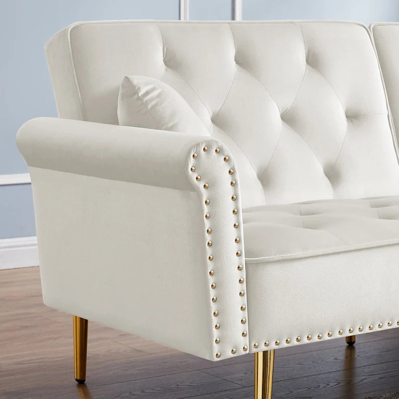 Light Grey / Black / Beige Velvet Tufted Sofa with Nailhead Trim & 2 Pillows – 3 Person