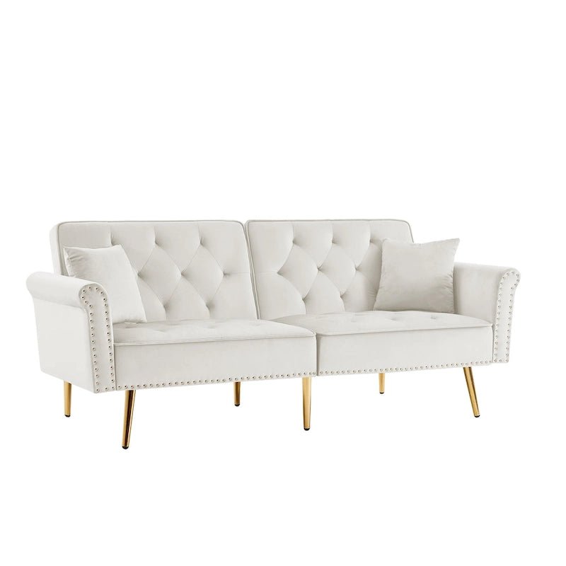 Light Grey / Black / Beige Velvet Tufted Sofa with Nailhead Trim & 2 Pillows – 3 Person