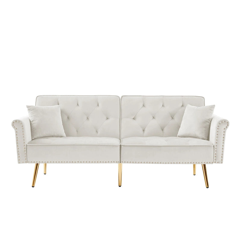 Light Grey / Black / Beige Velvet Tufted Sofa with Nailhead Trim & 2 Pillows – 3 Person