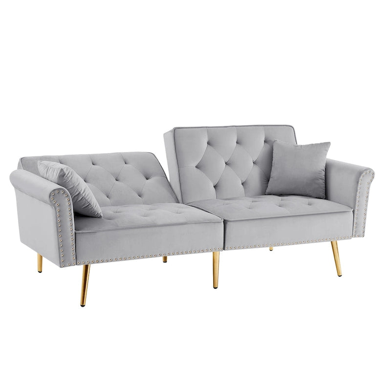 Light Grey / Black / Beige Velvet Tufted Sofa with Nailhead Trim & 2 Pillows – 3 Person