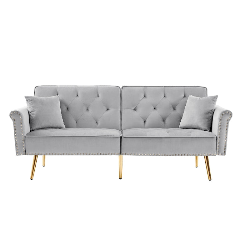 Light Grey / Black / Beige Velvet Tufted Sofa with Nailhead Trim & 2 Pillows – 3 Person