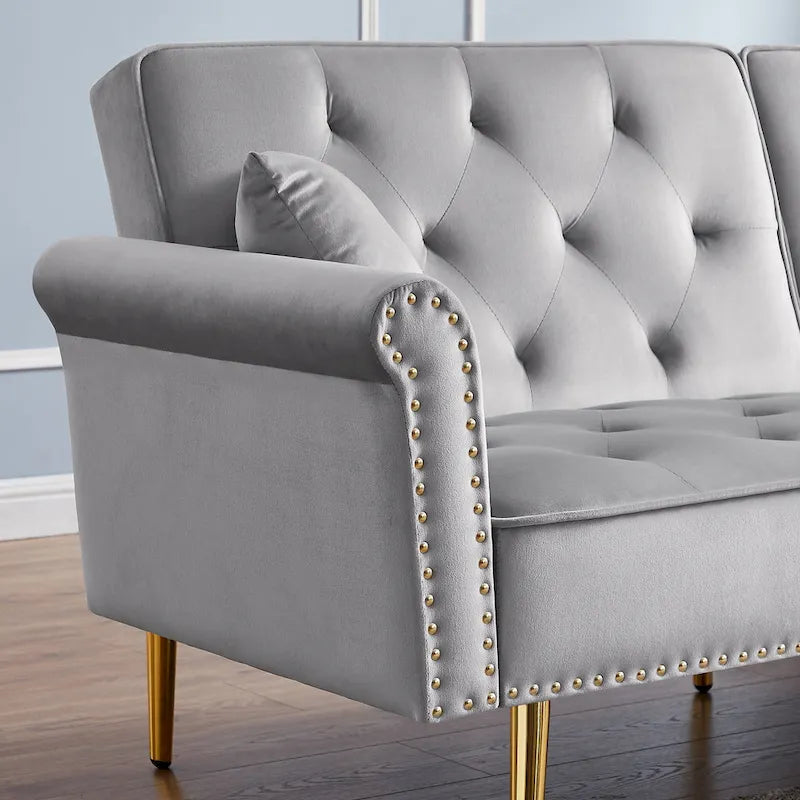 Light Grey / Black / Beige Velvet Tufted Sofa with Nailhead Trim & 2 Pillows – 3 Person