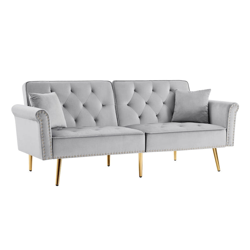 Light Grey / Black / Beige Velvet Tufted Sofa with Nailhead Trim & 2 Pillows – 3 Person