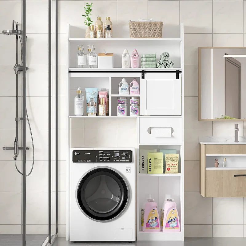 White Particleboard Over-the-Toilet Storage Cabinet with 7 Tiers & Adjustable Shelves