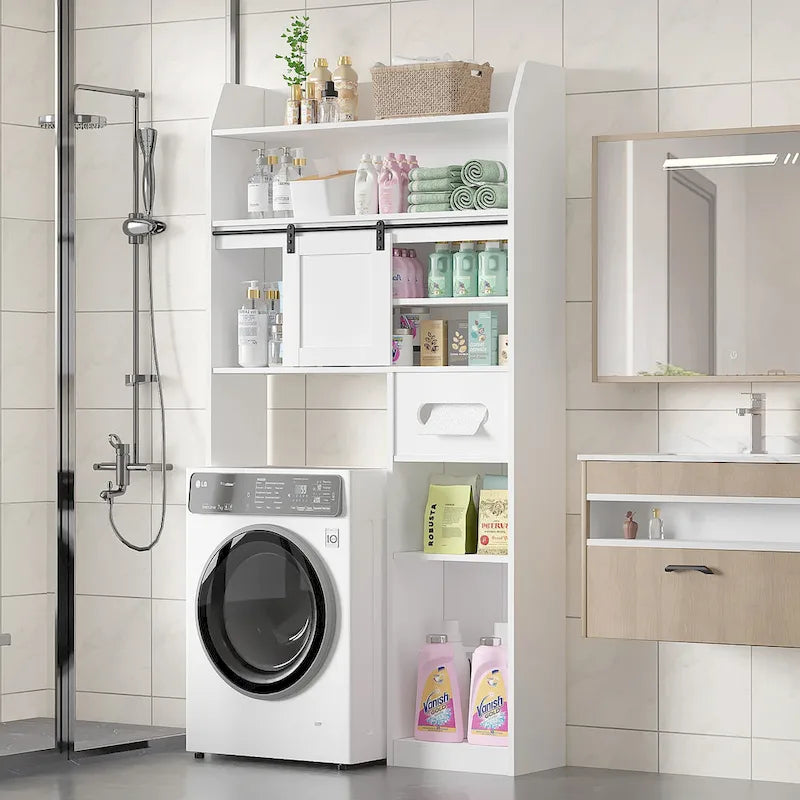White Particleboard Over-the-Toilet Storage Cabinet with 7 Tiers & Adjustable Shelves