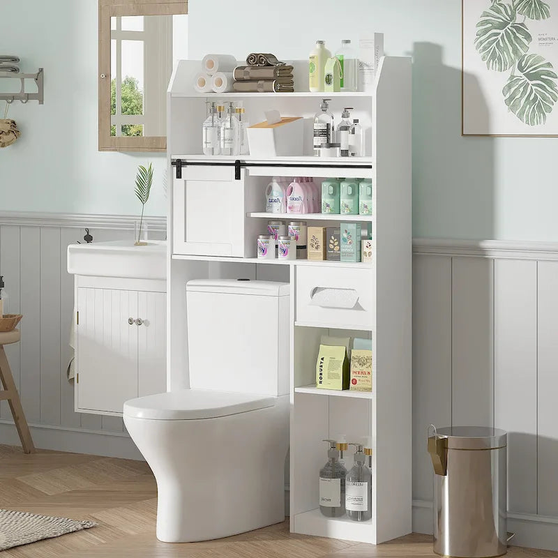 White Particleboard Over-the-Toilet Storage Cabinet with 7 Tiers & Adjustable Shelves
