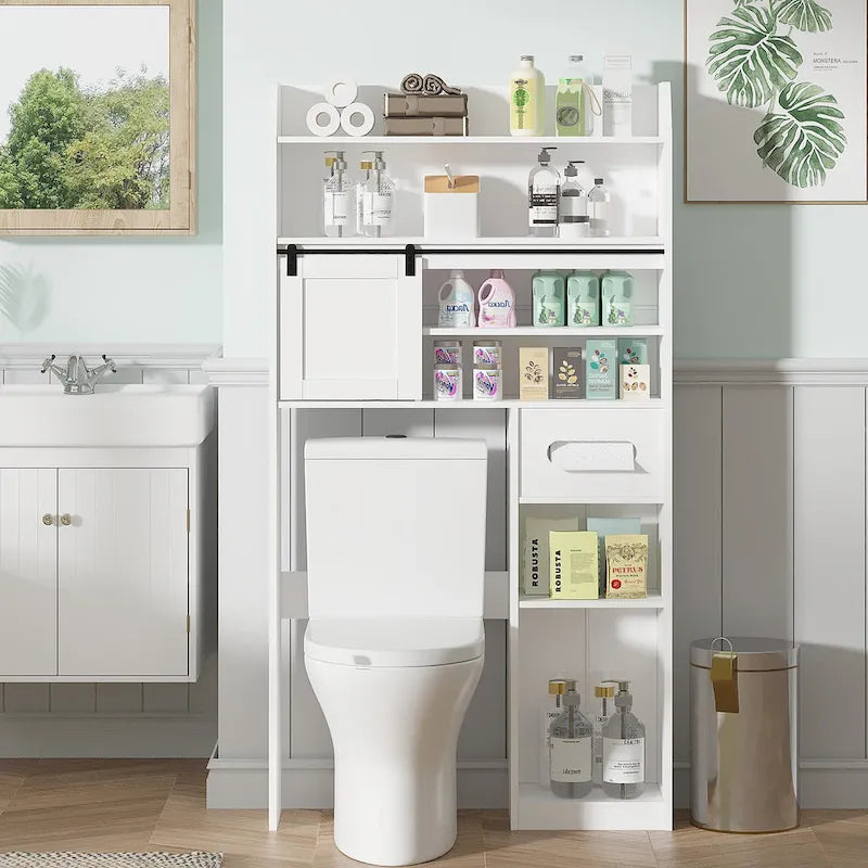 White Particleboard Over-the-Toilet Storage Cabinet with 7 Tiers & Adjustable Shelves