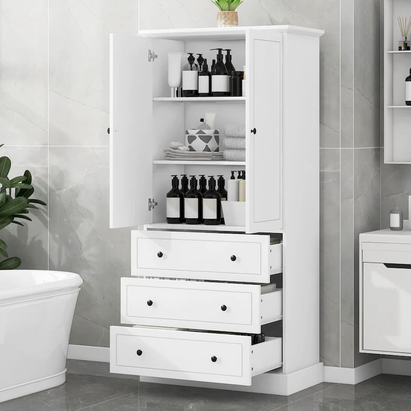 White Tall Freestanding Bathroom Linen Tower Cabinet with 2 Doors & 3 Drawers