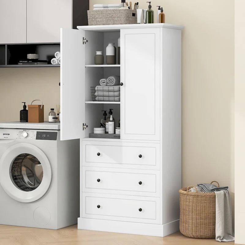 White Tall Freestanding Bathroom Linen Tower Cabinet with 2 Doors & 3 Drawers