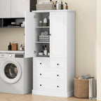 White Tall Freestanding Bathroom Linen Tower Cabinet with 2 Doors & 3 Drawers