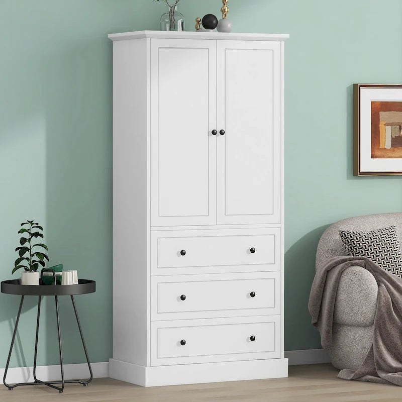 White Tall Freestanding Bathroom Linen Tower Cabinet with 2 Doors & 3 Drawers