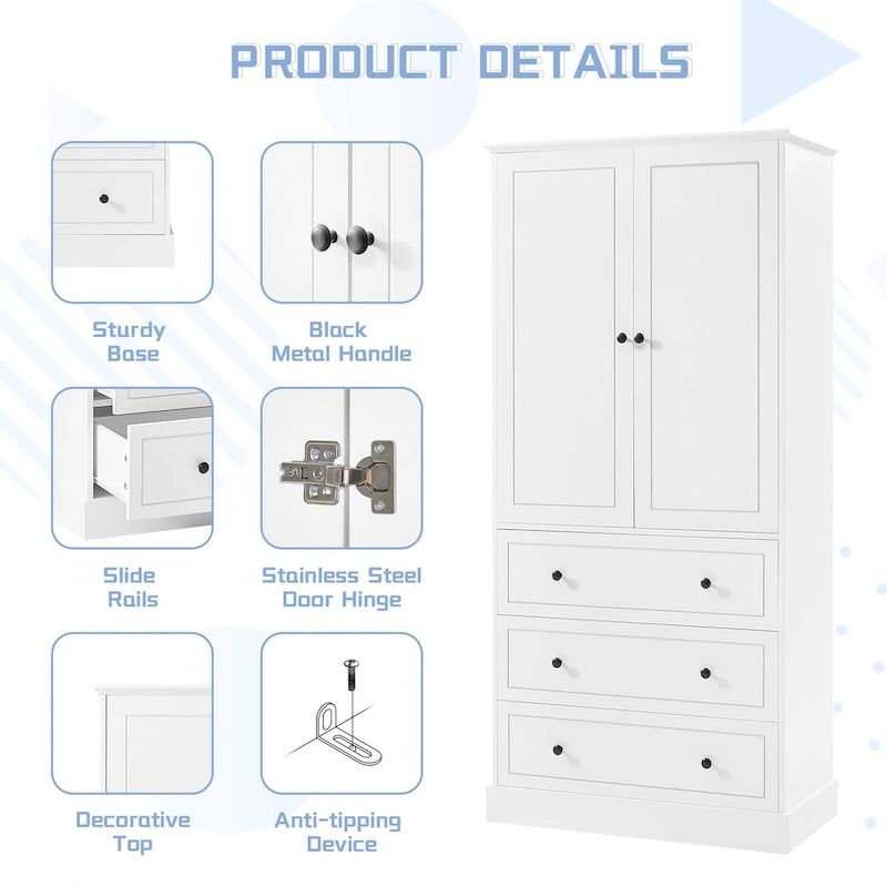 White Tall Freestanding Bathroom Linen Tower Cabinet with 2 Doors & 3 Drawers