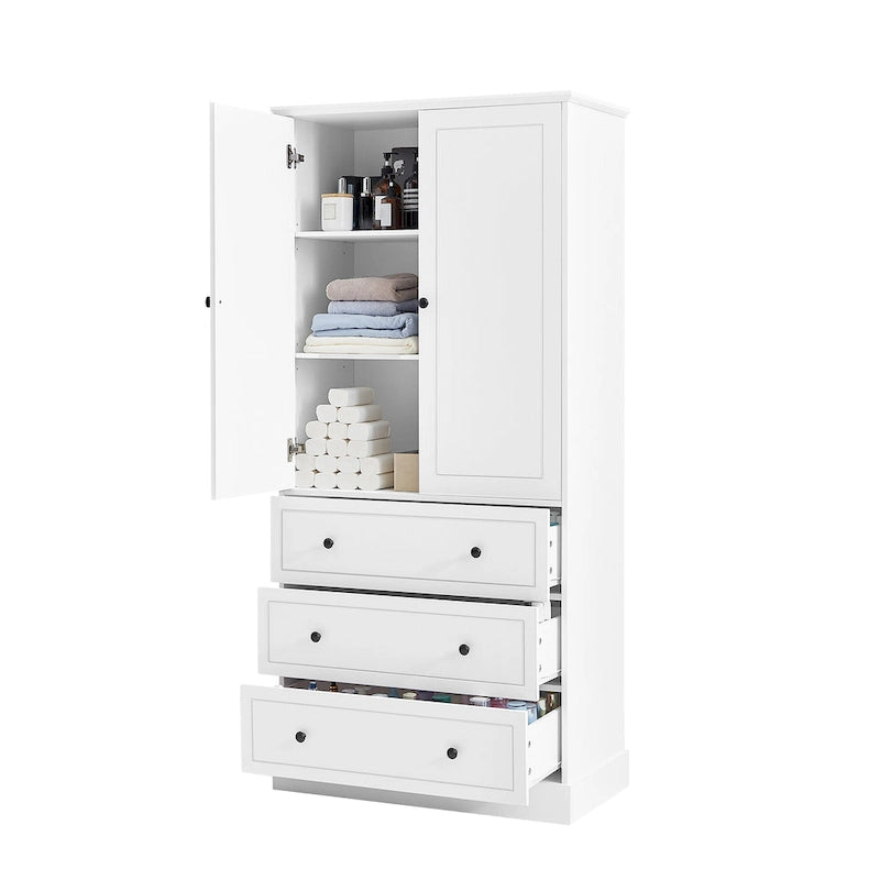 White Tall Freestanding Bathroom Linen Tower Cabinet with 2 Doors & 3 Drawers