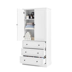 White Tall Freestanding Bathroom Linen Tower Cabinet with 2 Doors & 3 Drawers