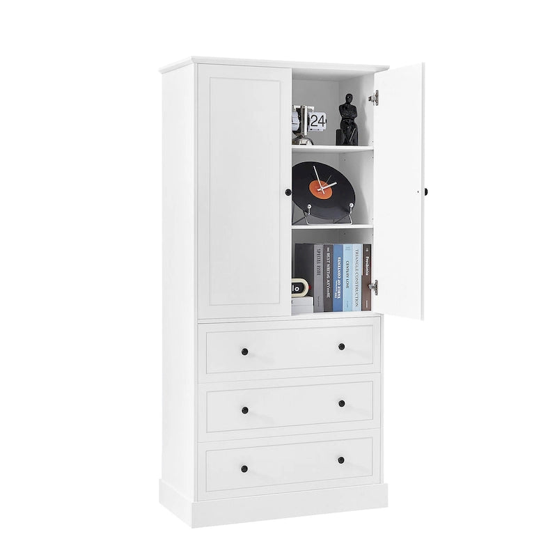 White Tall Freestanding Bathroom Linen Tower Cabinet with 2 Doors & 3 Drawers