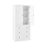 White Tall Freestanding Bathroom Linen Tower Cabinet with 2 Doors & 3 Drawers