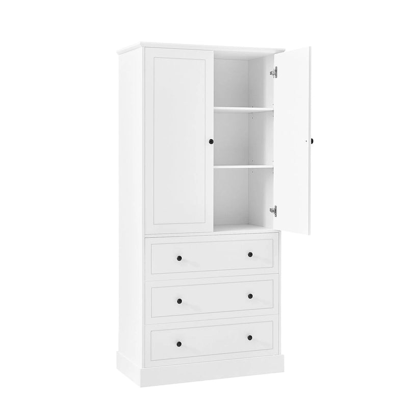 White Tall Freestanding Bathroom Linen Tower Cabinet with 2 Doors & 3 Drawers