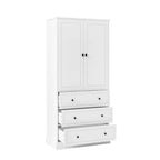White Tall Freestanding Bathroom Linen Tower Cabinet with 2 Doors & 3 Drawers