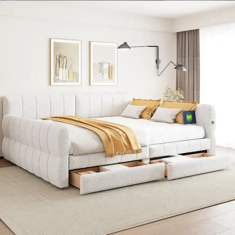 White / Grey Lambswool Upholstered Queen Platform Bed with 2 Storage Drawers & USB Charging – 2 Person