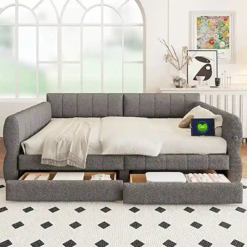 White / Grey Lambswool Upholstered Queen Platform Bed with 2 Storage Drawers & USB Charging – 2 Person