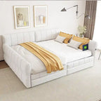 White / Grey Lambswool Upholstered Queen Platform Bed with 2 Storage Drawers & USB Charging – 2 Person