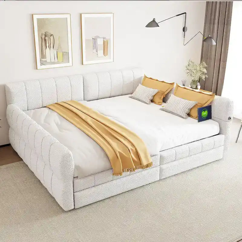 White / Grey Lambswool Upholstered Queen Platform Bed with 2 Storage Drawers & USB Charging – 2 Person