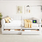 White / Grey Lambswool Upholstered Queen Platform Bed with 2 Storage Drawers & USB Charging – 2 Person