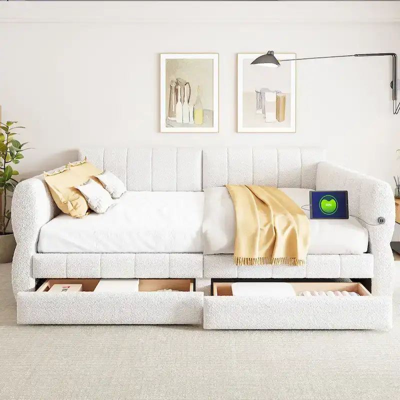 White / Grey Lambswool Upholstered Queen Platform Bed with 2 Storage Drawers & USB Charging – 2 Person