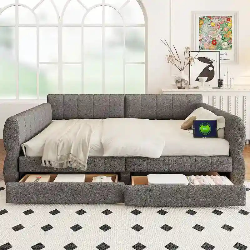 White / Grey Lambswool Upholstered Queen Platform Bed with 2 Storage Drawers & USB Charging – 2 Person