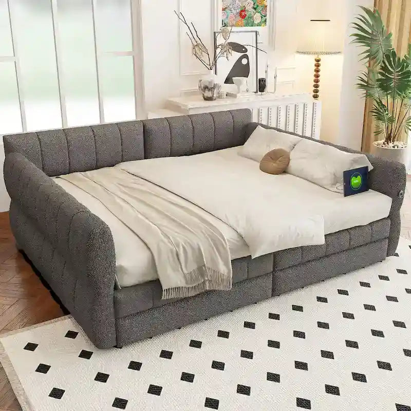 White / Grey Lambswool Upholstered Queen Platform Bed with 2 Storage Drawers & USB Charging – 2 Person