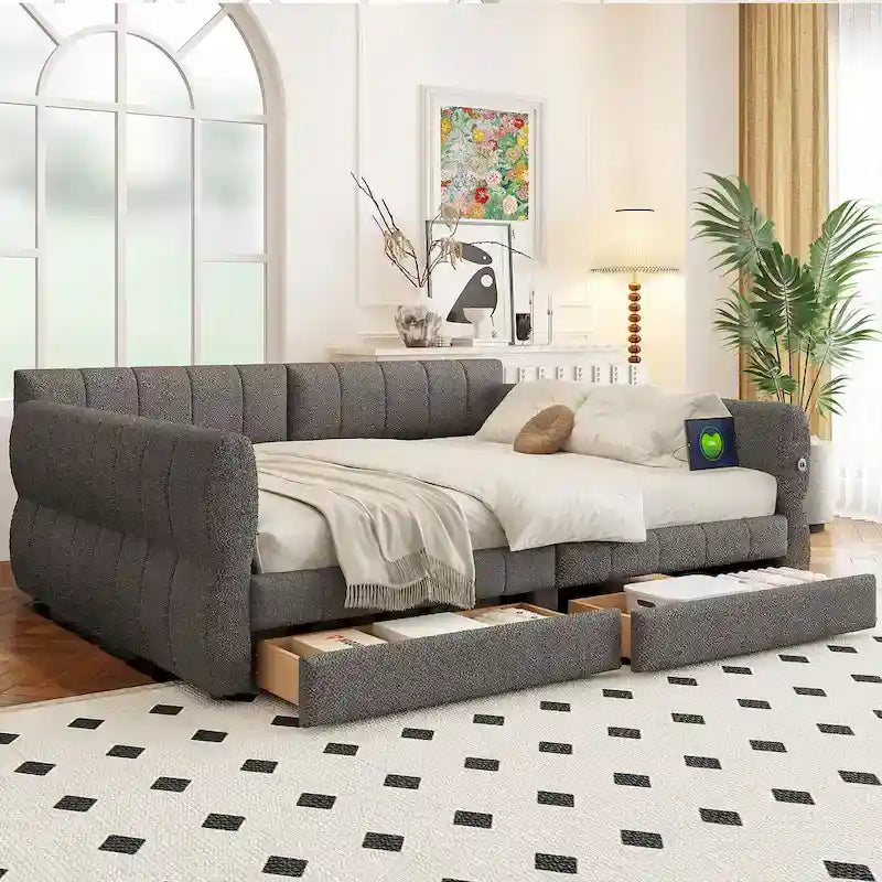 White / Grey Lambswool Upholstered Queen Platform Bed with 2 Storage Drawers & USB Charging – 2 Person