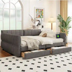 White / Grey Lambswool Upholstered Queen Platform Bed with 2 Storage Drawers & USB Charging – 2 Person