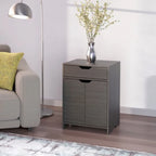 Grey Charcoal Wood Grain 2-Shelf Storage Cabinet with Drawer & Cut-Out Handles