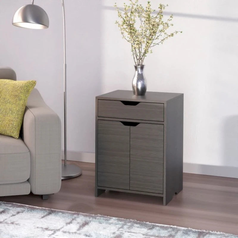 Grey Charcoal Wood Grain 2-Shelf Storage Cabinet with Drawer & Cut-Out Handles
