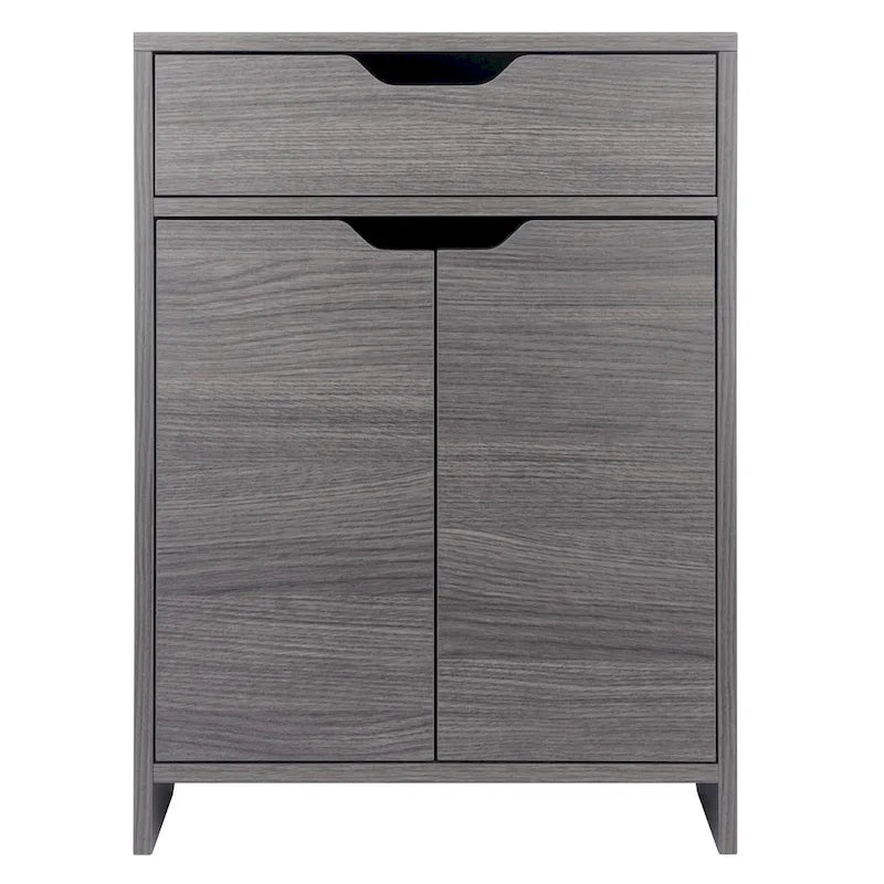 Grey Charcoal Wood Grain 2-Shelf Storage Cabinet with Drawer & Cut-Out Handles