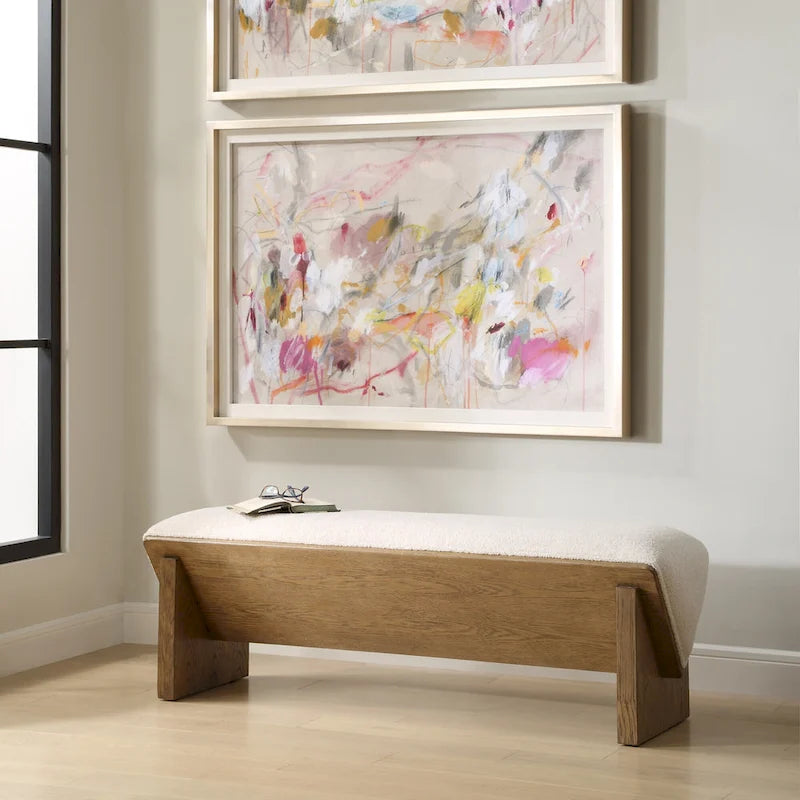 Ivory Faux Sheepskin Waterfall Bench with Wood Frame – 2 Person