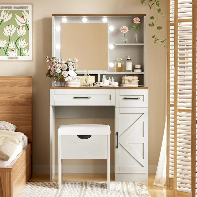 Brown & White Farmhouse Vanity Desk with LED Mirror, Drawers & Cushioned Stool – 1 Person