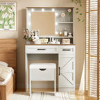 Brown & White Farmhouse Vanity Desk with LED Mirror, Drawers & Cushioned Stool – 1 Person